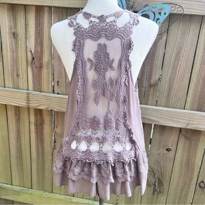 Umgee Lady’s Brown Crochet Back Ruffle Front Cardigan; Size M/L